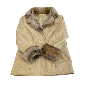 Blazer Jacke Damen L Creme Echtleder Fellkragen & Bündchen Langarm - Bild 1 von 3
