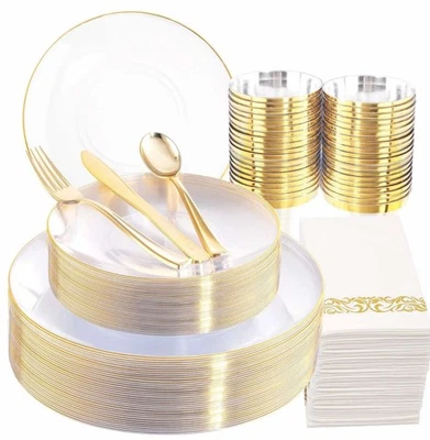 Juego de vajilla de plástico Nervure 350 piezas para 50 invitados transparente con borde dorado fiesta Foto 1 de 4