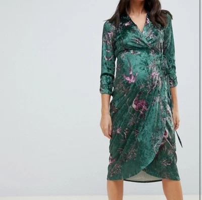 Asos Hopy & Ivy Green Velvet Maternity Wrap Midi Dress 3/4 Sleeve. Sz-6 - Image 1 of 4