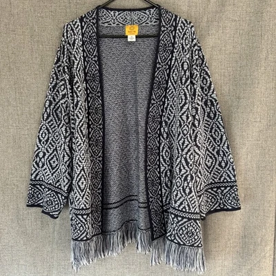 Ruby Rd Plus Size 3X Cardigan Boho Blue Fringe Long Sleeve Sweater  - Image 1 of 4