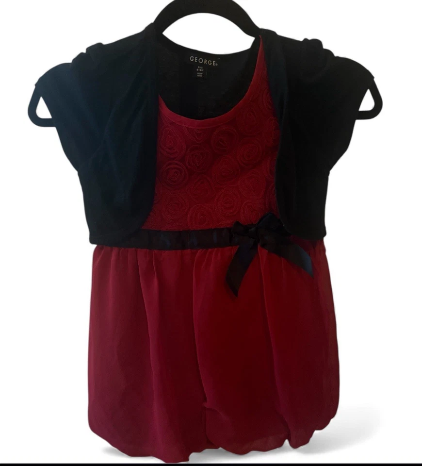 Vestido George Meninas 6-6X Preto Vermelho Laço Festa de Férias Babado Rosa Pequeno - Imagem 1 de 4