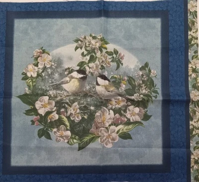 Vintage - "Pair of Chickadees/Flowers" - Cotton Fabric Panel ~ 15.75"x15.75" - Image 1 of 2