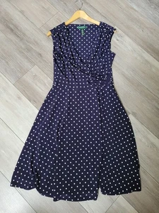 L~Ralph Lauren 10 Navy White Polka Dot Cap Sleeve V Neck Fit Flare 👗 Midi Wrap - Bild 1 von 9