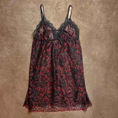 Secret Treasures Floral Rose Lace Babydoll Slip Dress Black Red Women's L Goth - Image 1 of 4