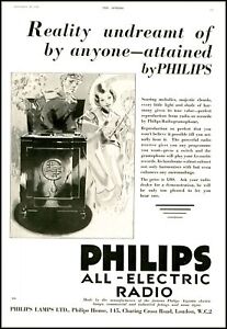 1930 Original Vintage Print Advertising PHILIPS ELECTRIC RADIO (AD4/58)