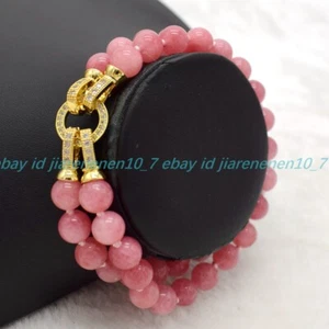Pretty Natural 2 Rows 8/10mm Pink Rhodochrosite  Gems Round Beads Bracelet 7.5in - Picture 1 of 12