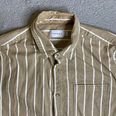 Topman Shirt Mens XL Beige Striped Slim Fit Button Up Long Sleeve Pocket Casual - Image 1 of 4