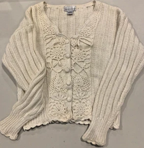 Vintage LARGE Women's JUST MAGGIE Off-White CROCHETED Sweater Y2K 1990s L Ivory - Picture 1 of 5