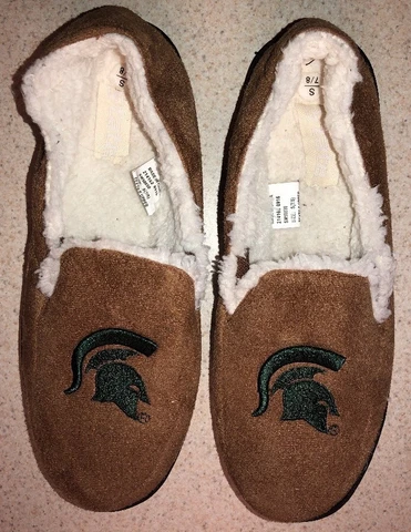 Michigan State MSU Spartans Ladies Brown Tan Faux Suede SLIPPERS Size S 7/8 Cover