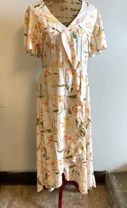 Women's Floral Faux Wrap Maxi Dress 100% Rayon High Low Hem Ivory Orange Peach - Picture 1 of 10