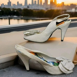 Rocket Dog Champagne Shot Silk Look Slingback Bow Front Kitten Heels Size 6 - Picture 1 of 8