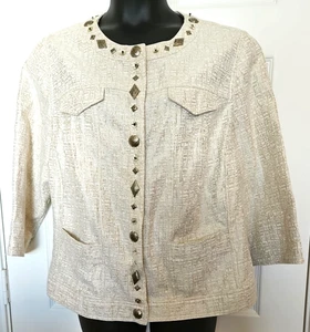Ruby Road 16W Gold Elfenbein Strukturierte Baumwollmischung Jacke Verzierte Druckknöpfe Taschen - Bild 1 von 5