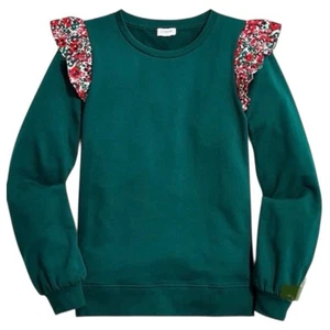 New J Crew Top Womens Medium Green Sweatshirt Ruffle Flower Cottagecore Cozy - Picture 1 of 13