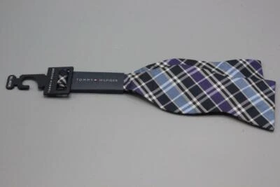 NWT $45 TOMMY HILFIGER Adjustable Silk Bow Tie. Blue w Purple Plaid. Foto 1 de 3