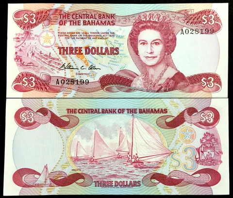 BAHAMAS $3 Dollars 1974 (ND 198) P44 Banknote World Paper Money UNC Cover