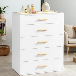 5-Drawer Storage Cabinet - Tempered Glass Top, RGB Lighting & White Nightstand - Picture 1 of 24