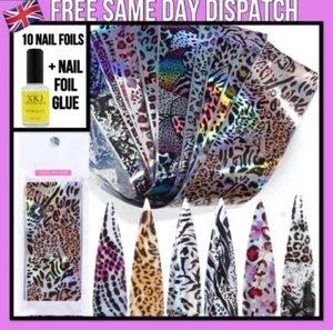 💜 10Pc Animal Leopard Nail Foils + Nail Foil Glue Nail Art 💜 Polish Gel French - Picture 1 of 7