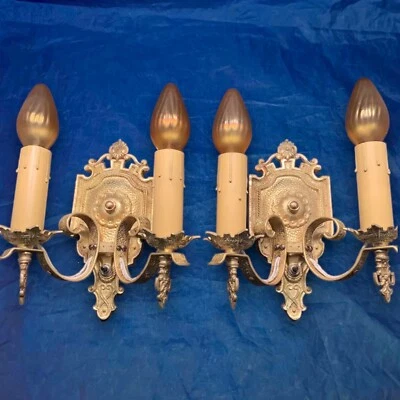 Original Finish Spanish Revival Two Arm Sconces Antique Detailed Brass 70D - Image 1 of 4