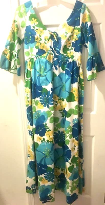 Vintage 1970's KAHALA Hawaiian Mod Maxi Dress 6-8 Floral Blue Green Flower Gown - Image 1 of 4