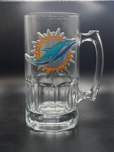 Miami Dolphins Large Glass Beer Mug  NFL Licensed Metal Decal -New  Never Used🍺