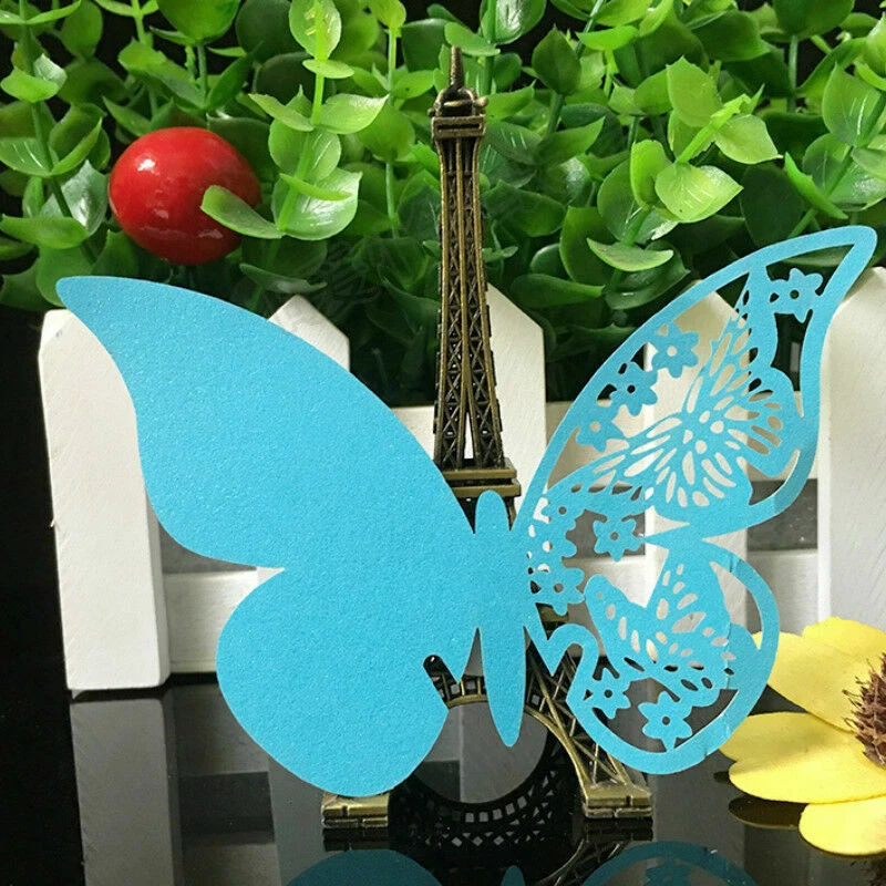 50x Mariposa Mesa Marca Corte Láser Copa de Vino Nombre Lugar Tarjeta Boda Elegante Decoración Foto 1 de 4