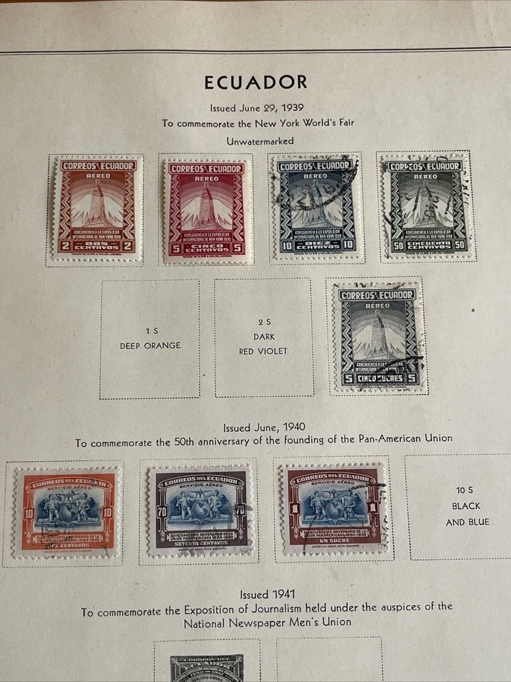 Estampillas ECUADOR 1939-1940, 8 piezas - 2 monedas, 6 usadas, del álbum ligeramente montadas Foto 1 de 4