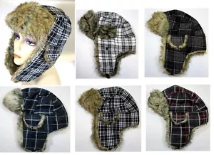 WINTER WARM KUNSTFELL KARIERT DESIGN TROOPER VOGEL TRAPPER MÜTZE OHRENKLAPPEN - Bild 1 von 5