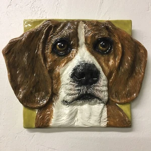 Beagle Dog Ceramic Portrait bas-relief 3D tile handmade In Stock Alexander Art - Picture 1 of 4