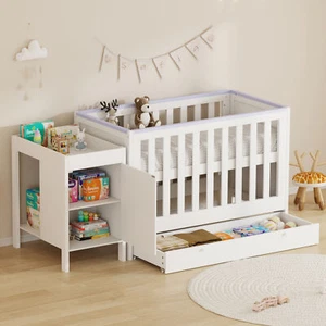 White Baby Cot Teething Rails Compact Crib Drawer Cot Bed Diaper Storage Cabinet - Picture 1 of 12