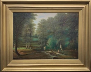 EXQUISITE EARLY 20thC ANTIQUE FISHING RIVER LANDSCAPE OIL PAINTING - Picture 1 of 9