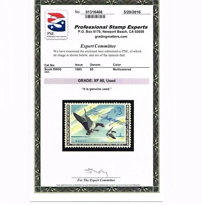 EXCEPTIONAL SCOTT #RW30 USED FEDERAL DUCK STAMP PSE CERT GRADED XF-90 #20242 - Image 1 of 3