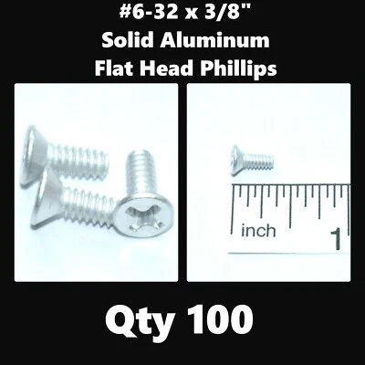 Tornillos de máquina Phillips de cabeza plana de aluminio macizo #6-32 x 3/8" (cantidad 100)  Foto 1 de 4