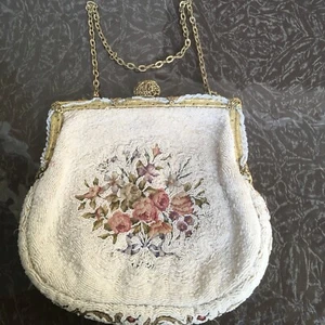 Antique Micro-Beaded Victorian Floral Tapestry Purse Bag Clutch Metal - Picture 1 of 16