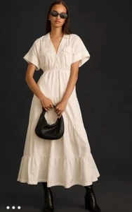 Anthropologie Mauve Short Sleeve V Neck Tiered Maxi Dress Pockets White M NWT - Picture 1 of 6