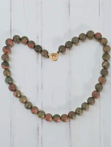 ESTATE SOLID 14K GOLD FLOWER UNAKITE 10.2mm BEAD STRAND 15.75" NECKLACE #7872 - Picture 1 of 6