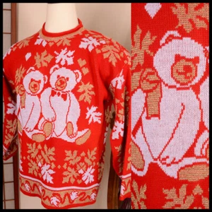 vtg 80s 90s **TEDDY BEAR OAK LEAF** winter fall METALLIC ugly XMAS SWEATER M L - Picture 1 of 9