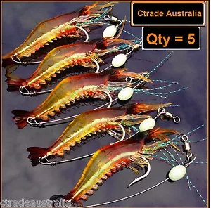 5 x GLOW Rigged Prawn lure soft plastics Bream Flathead whiting bass Jewfish - Picture 1 of 7