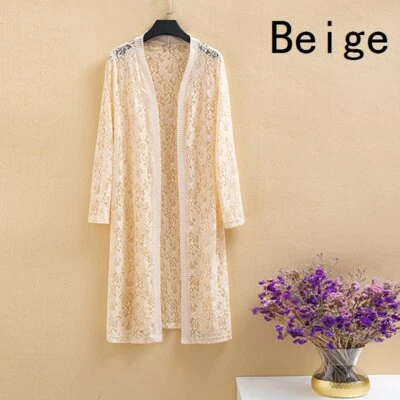 Cárdigan kimono de encaje transparente ahuecado frente abierto chaqueta larga top verano para mujer Foto 1 de 4