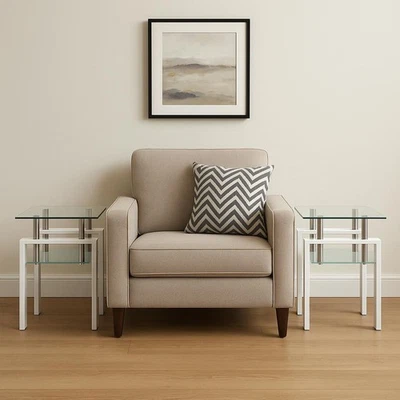 Set of Two Clear and White Glass and Metal Square End Tables With Shelf - Image 1 of 4