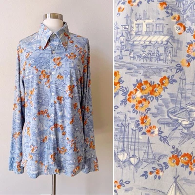 Vintage 70s Panatela Levi’s Disco Shirt Mens Large Blue Novelty Print Nylon - Image 1 of 4