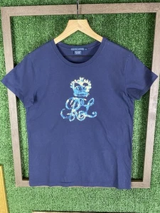 Vintage Ralph Lauren Navy Blue Logo Short Sleeve Top Size Large Petite Pony - Picture 1 of 6