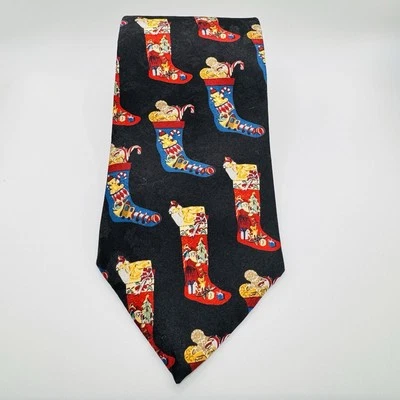 Oscar De La Renta Christmas Tie 100% Silk Vintage Stockings Black 57” USA - Image 1 of 4