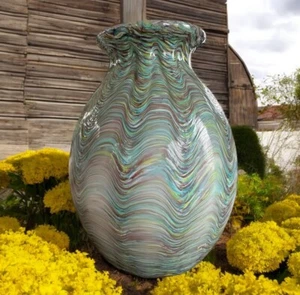 Italy Art Cased Glass Flower Vase Pastel Multicolor Ripple Drapery Pattern T8 - Picture 1 of 5