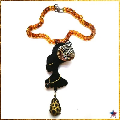 Chunky Necklace Pendant Jewelry Crystal Brutalist Fashion Collier African Doll - Image 1 of 4