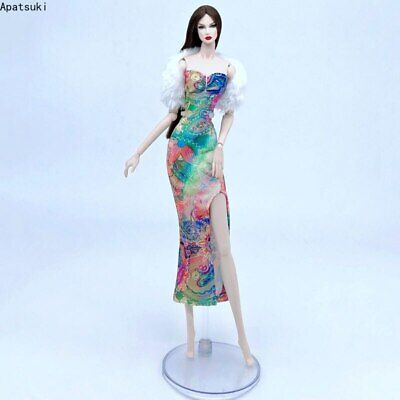 Colorful Chinese Qipao Dress White Fur Shawl For 11.5  1/6 Doll Outfits Clothes • 4.09$