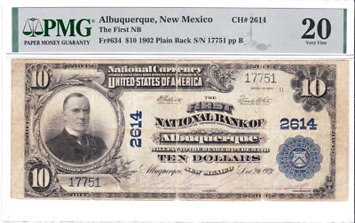 $10 1902 PB National ALBUQUERQUE New Mexico NM 🇺🇸 PMG Grade 20 🇺🇸 - Image 1 of 2