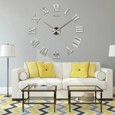 3D DIY Extra Large Roman Numerals Luxury Mirror Wall Sticker Clock Home Decor UK - Image 1 of 4