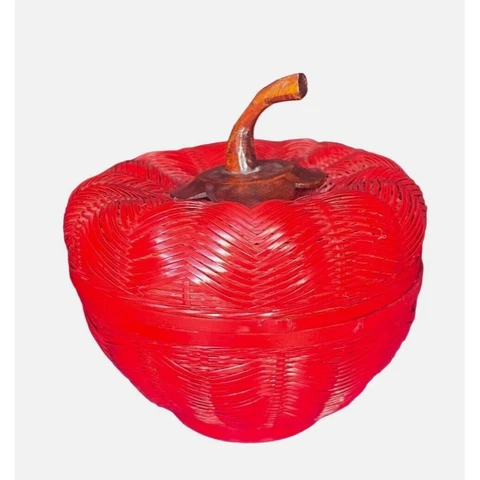 Vintage Shanghai Handicrafts Wicker Apple Trinket Wood Stem Handle Cover