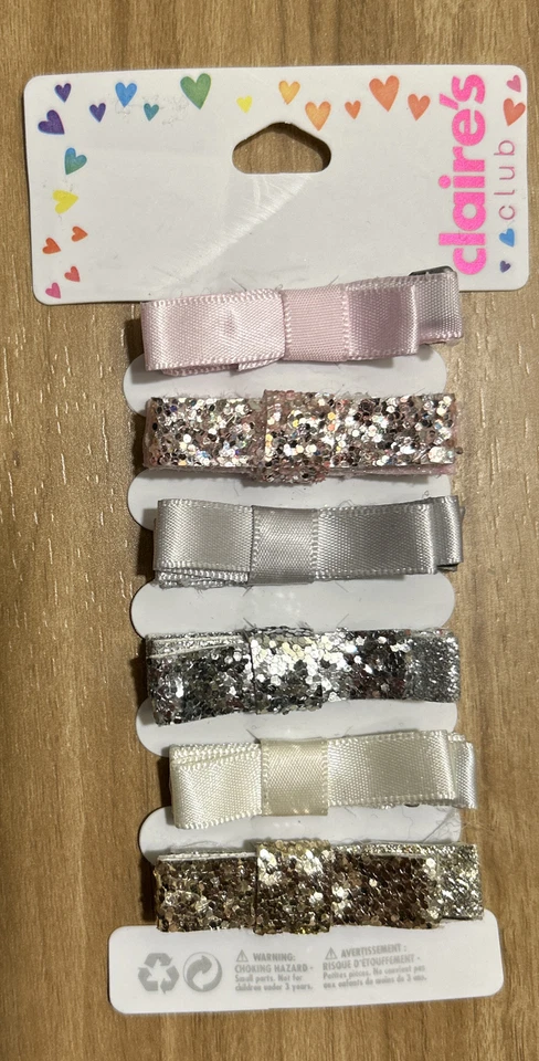 Claire’s Club Bow Clips Pink Silver Glitter 6 Piece Set - Image 1 of 1