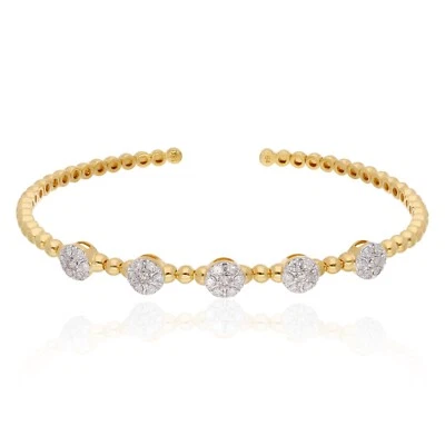 0.66 Ct Pave Lab Grown CVD Diamond Beaded Cuff Bangle 14k Yellow Gold Bracelet - Image 1 of 4